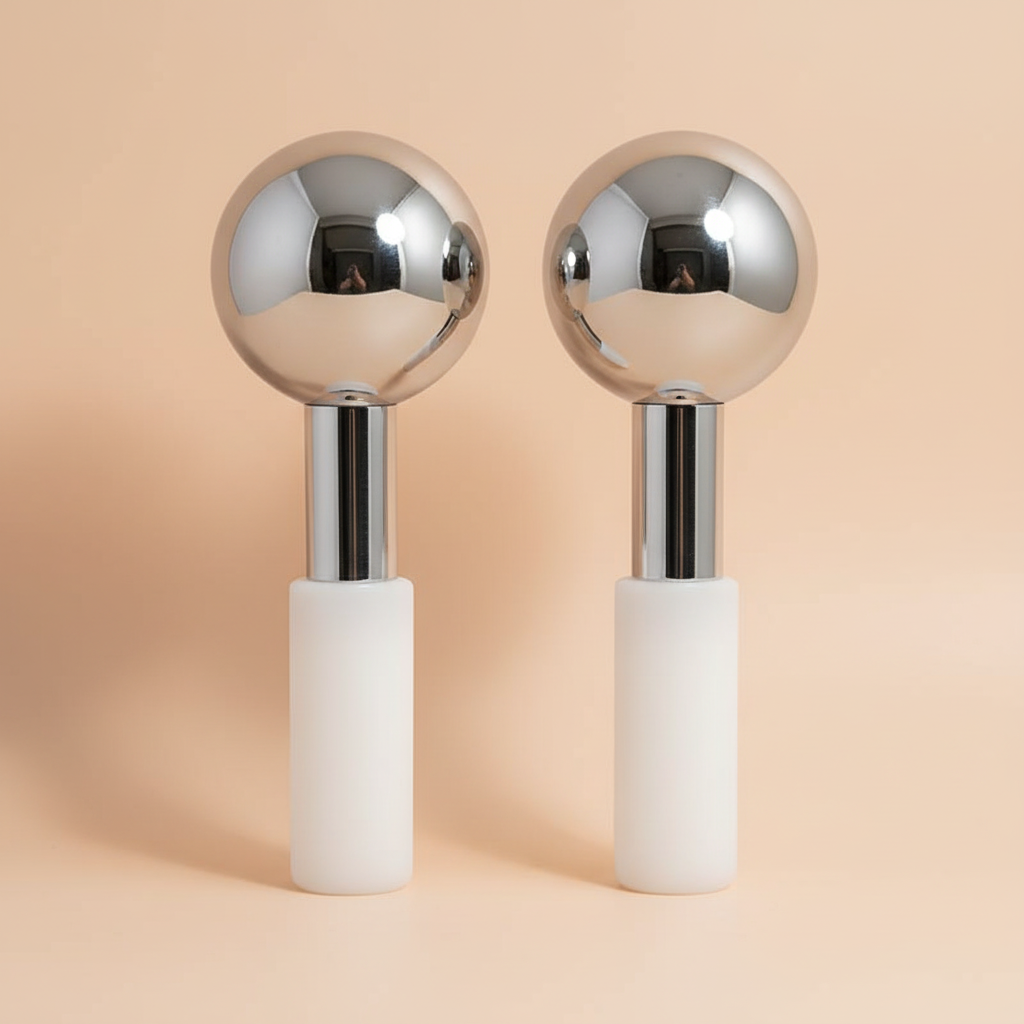 Square product image of silver cryo ice globes on peachy-beige background